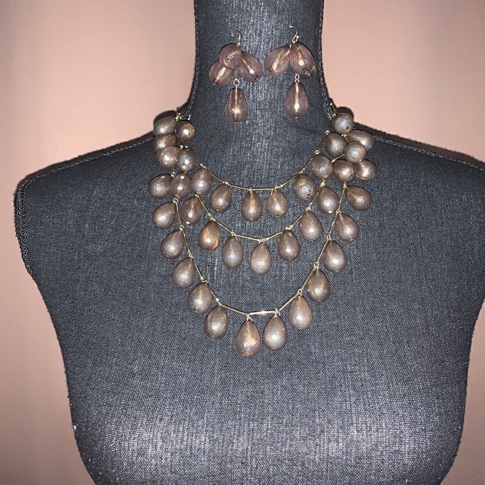 Gray Teardrop Layered Necklace And Earring Set
